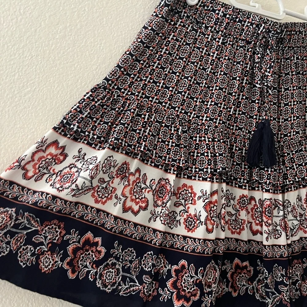 Blue Rain Navy Blue, Orange, Cream Short Skirt with Tassel Tie Pull On Small